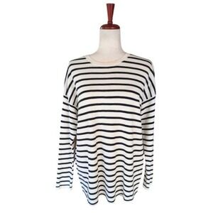 Eileen Fisher Merino Wool Striped Sweater Ivory Black Crew Neck Size Medium